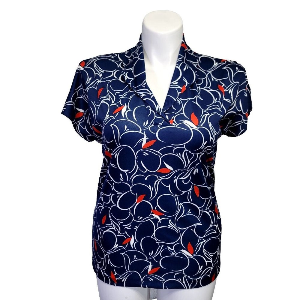 Vintage 70s We‎ Two California Womens L Navy Abstract Poly Peekaboo S/S Blouse